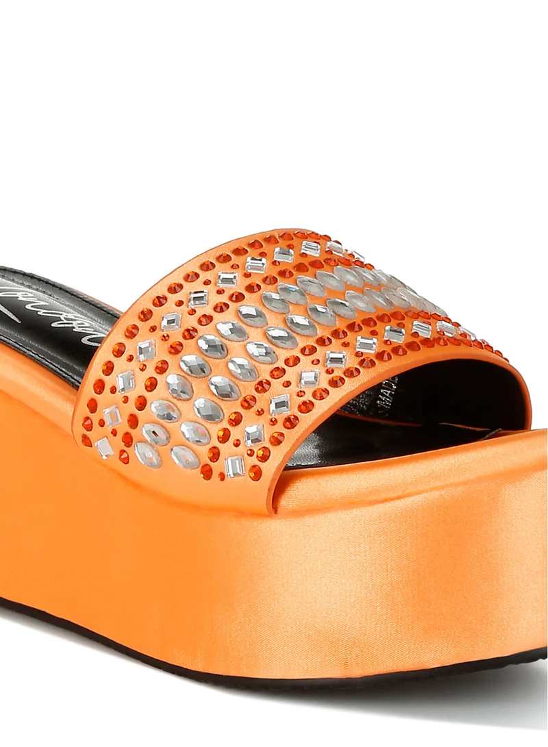 London Rag Diamante &amp; Rhinestone Detail Flatform Sandals in Orange