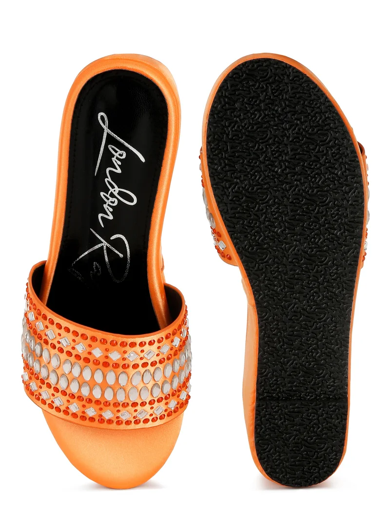 London Rag Diamante &amp; Rhinestone Detail Flatform Sandals in Orange