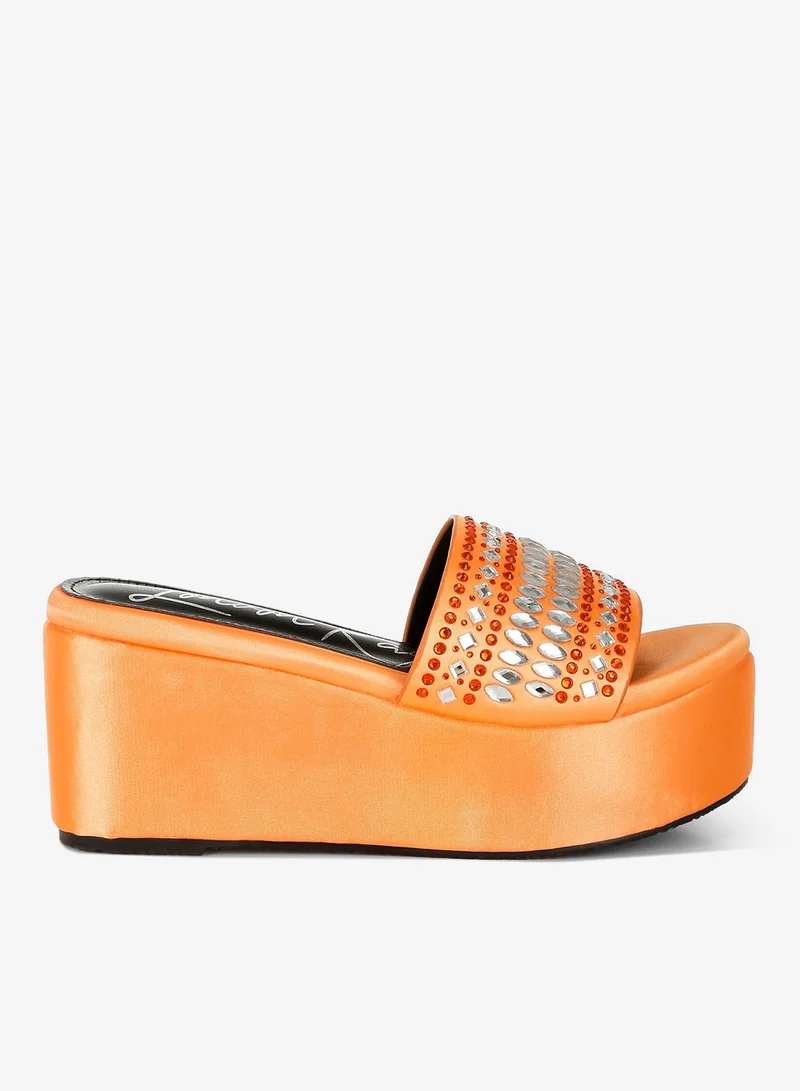 Diamante & Rhinestone Detail Flatform Sandals in Orange