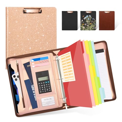 Ospelelf Clipboard with Storage, 3 Ring Binder with Zipper, Leather Padfolio Portfolio Folder, Calculator, 12.1” Tablet Sleeve, 5 Dividers with Pocket|Refillable Notepad, Card Slot (Rose Gold) - Image 1