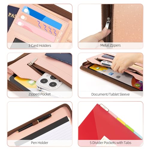 Ospelelf Clipboard with Storage, 3 Ring Binder with Zipper, Leather Padfolio Portfolio Folder, Calculator, 12.1” Tablet Sleeve, 5 Dividers with Pocket|Refillable Notepad, Card Slot (Rose Gold) - Image 4