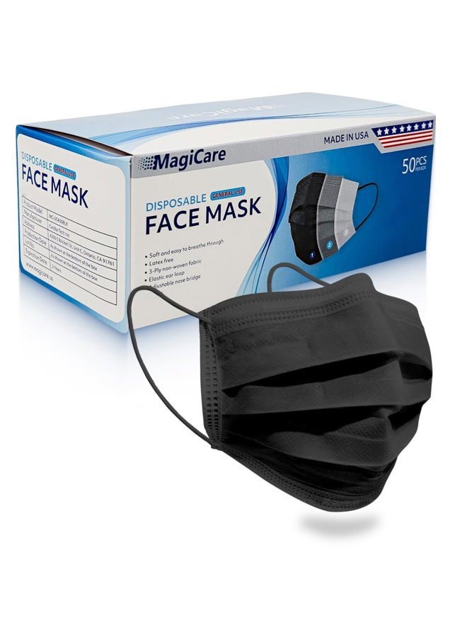 MagiCare Black Disposable Face Masks Made in USA - Premium 3 Ply Face Mask for Adults - Comfortable, Soft, Breathable Face Masks - Black, 50ct Box - Image 1