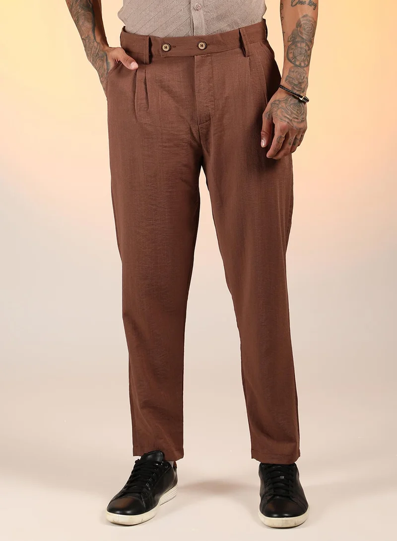 كامبوس سوترا Men's Chesnut Brown Slim-Fit Pleated Trousers For Casual Wear | Mid-Rise | Slim Fit | Button Closure | Trousers Crafted With Comfort Fit For Everyday Wear