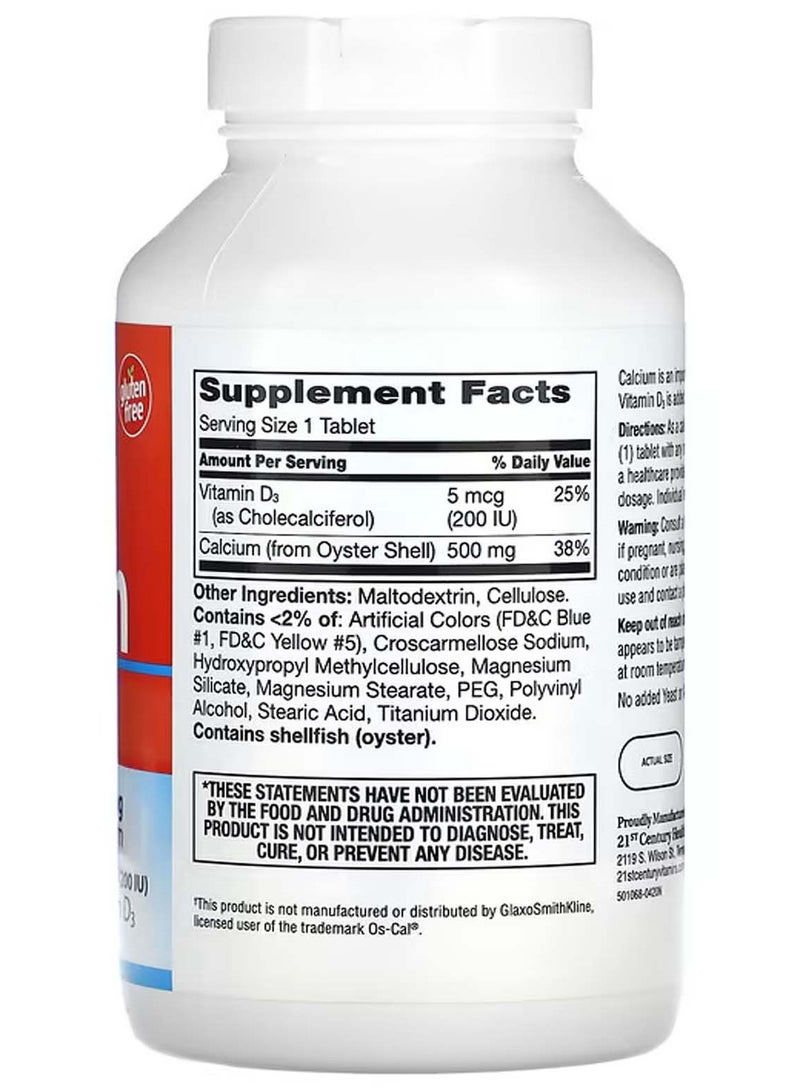 21st Century Calcium 500 + Vitamin D3 Food Supplement, 5 mcg (200 IU), 400 Tablets - Image 2