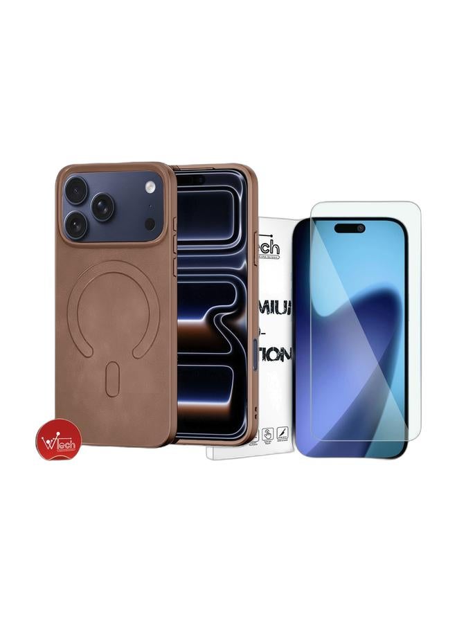 Wtech Apple iPhone 17 Pro Max 5G 2025 Luxury Matte Leather Magnetic MagSafe Wireless Charging Soft Case Cover (MCMPMN) - Brown & Apple iPhone 17 Pro Max 5G 2025 WTech Premium Series Curved Edges 9H 2.5D Tempered Glass Screen Protector (MSG9CN) - Clear Bundle - Image 1