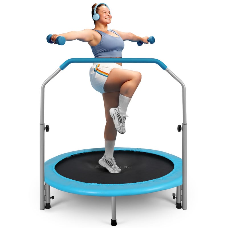 SereneLife 40" Foldable Mini Trampoline - Compact Fitness Trampoline for Kids Adults, Exercise Rebounder with Adjustable Foam Handle, Indoor/Garden Workout Equipment, Max Load 200 lbs, Sky Blue - Image 1