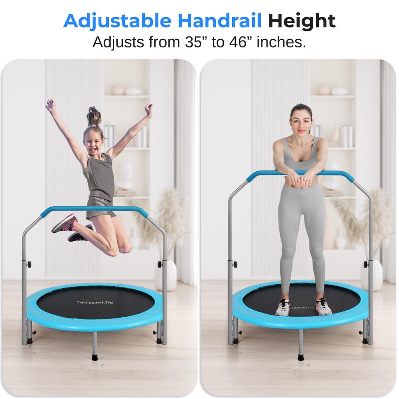 SereneLife 40" Foldable Mini Trampoline - Compact Fitness Trampoline for Kids Adults, Exercise Rebounder with Adjustable Foam Handle, Indoor/Garden Workout Equipment, Max Load 200 lbs, Sky Blue - Image 4