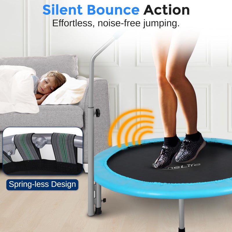 SereneLife 40" Foldable Mini Trampoline - Compact Fitness Trampoline for Kids Adults, Exercise Rebounder with Adjustable Foam Handle, Indoor/Garden Workout Equipment, Max Load 200 lbs, Sky Blue - Image 2