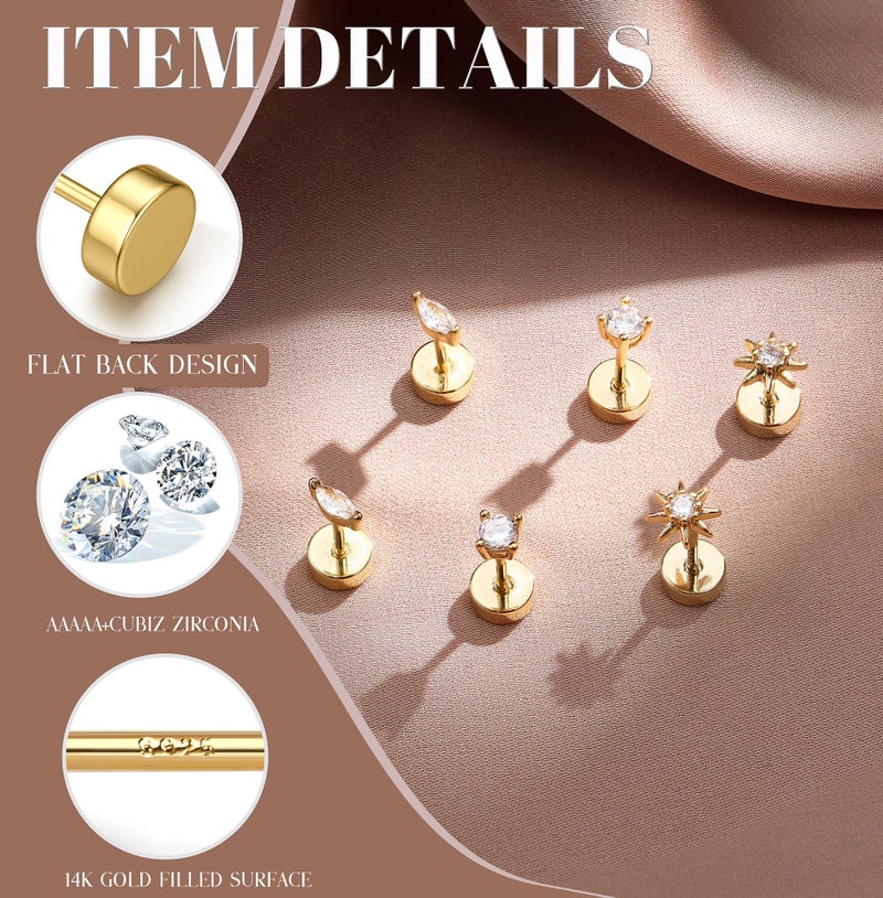 GEMQUEEN Hypoallergenic Flat Back Earrings for Women | 14K Gold Plated Solid 925 Sterling Silver Post Stud | Cartilage Helix Conch Tragus Piercing Jewelry 3 Pairs Tiny Screw Dainty CZ Opal Earring Set round - Image 2