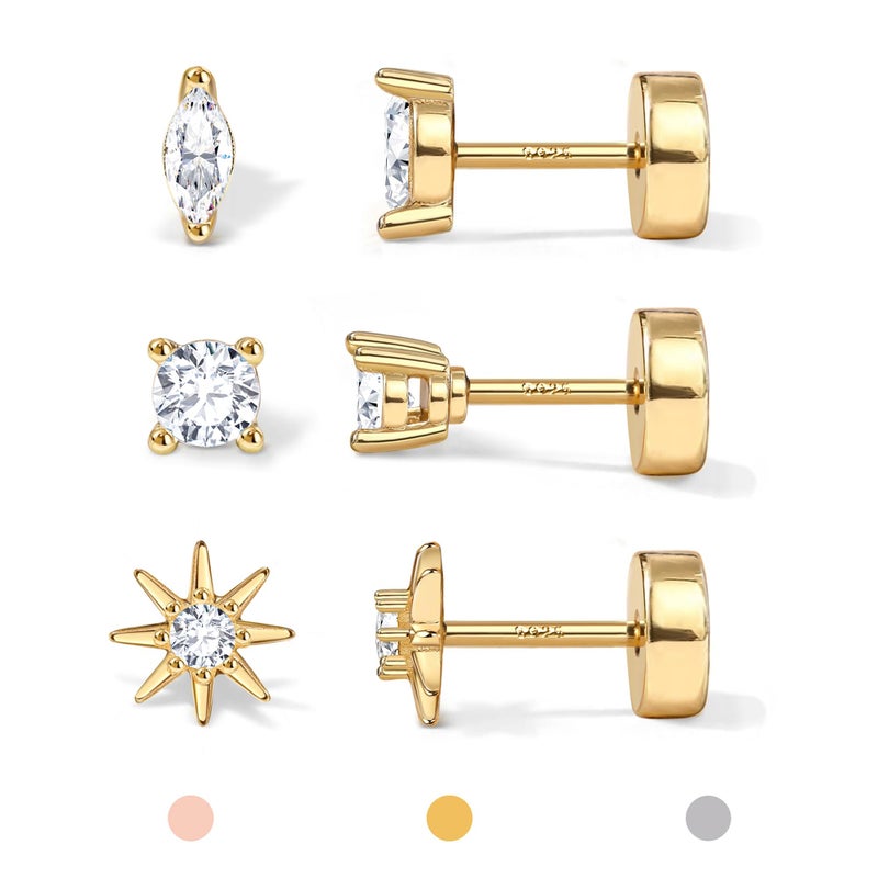 GEMQUEEN Hypoallergenic Flat Back Earrings for Women | 14K Gold Plated Solid 925 Sterling Silver Post Stud | Cartilage Helix Conch Tragus Piercing Jewelry 3 Pairs Tiny Screw Dainty CZ Opal Earring Set round - Image 1