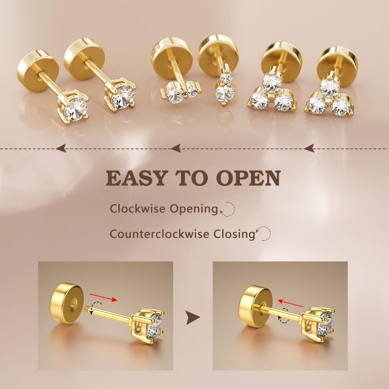 GEMQUEEN Hypoallergenic Flat Back Earrings for Women | 14K Gold Plated Solid 925 Sterling Silver Post Stud | Cartilage Helix Conch Tragus Piercing Jewelry 3 Pairs Tiny Screw Dainty CZ Opal Earring Set round - Image 5
