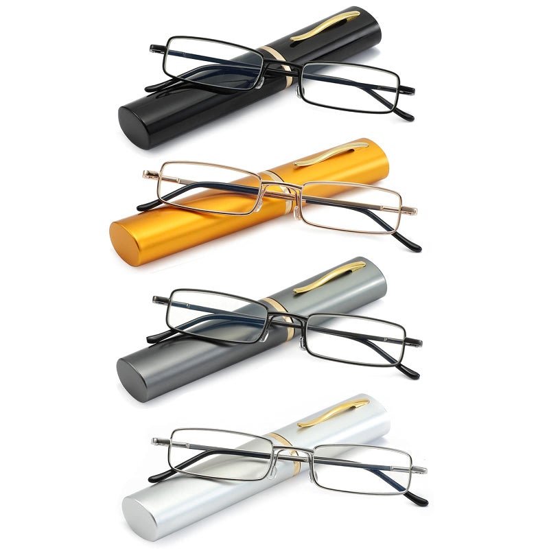 OWTXIS 4 Pack Slim Pen Reading Glasses for Men Women Blue Light Blocking Small Tube Reader Glasses with Portable Clip Case 100 - Image 2