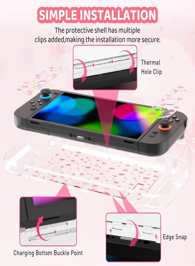 RHOTALL Pink Cherry Blossom Carrying Case for Nintendo Switch 2,Cute Sakura Protective Travel Case,Clear Glitter Flower Dockable Shell Cover for Switch 2,Screen Protector,Shoulder Strap,2 Thumb Caps - Image 5