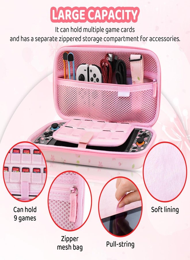 RHOTALL Pink Cherry Blossom Carrying Case for Nintendo Switch 2,Cute Sakura Protective Travel Case,Clear Glitter Flower Dockable Shell Cover for Switch 2,Screen Protector,Shoulder Strap,2 Thumb Caps - Image 3