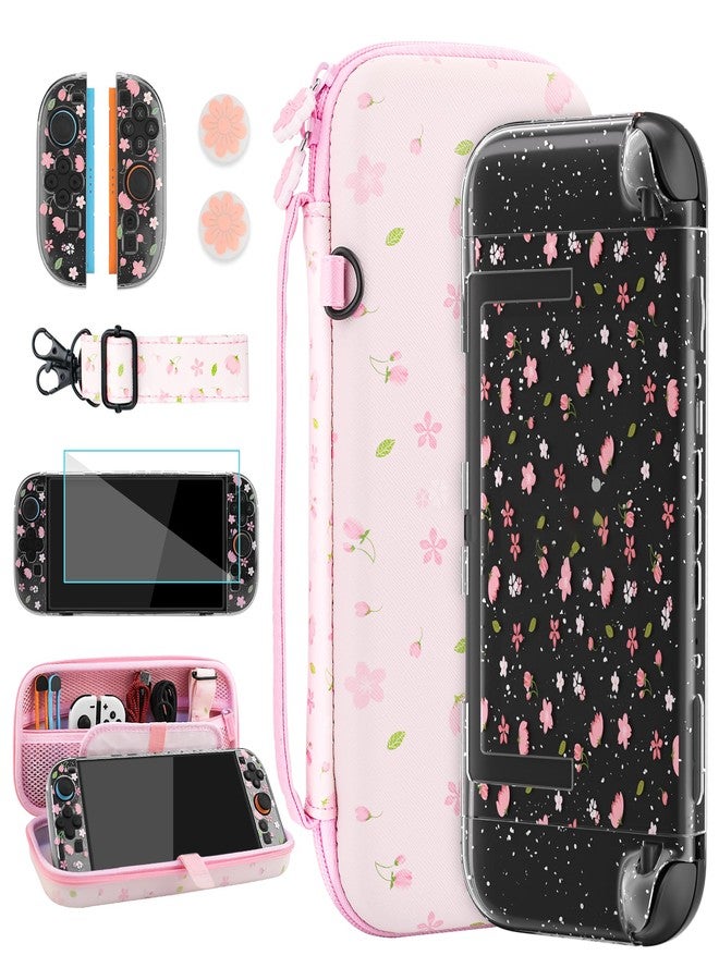 RHOTALL Pink Cherry Blossom Carrying Case for Nintendo Switch 2,Cute Sakura Protective Travel Case,Clear Glitter Flower Dockable Shell Cover for Switch 2,Screen Protector,Shoulder Strap,2 Thumb Caps - Image 1