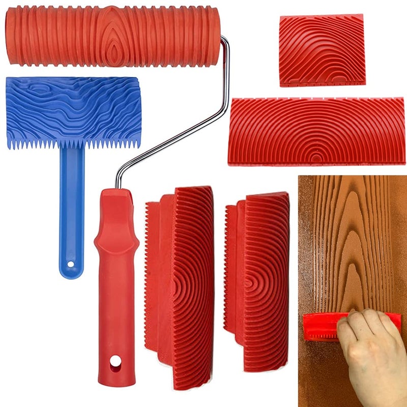 Wood Graining Tool Set 6pcs 7 Fake Wood Grain Roller Painting Tool with Handle DIY Rubber Graining Tool Paint Look Like Wood for Wall Room Art Paint Decoration