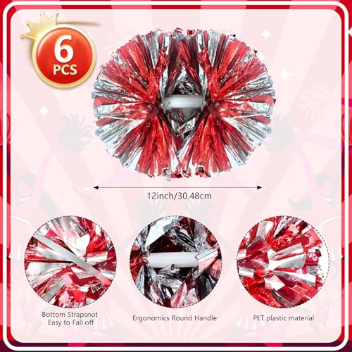 Zankubom 6 Pcs Silver Red Metallic Cheerleading Pom Poms, 12Inch Cheerleader Pompoms with Baton Handle for Kids Adults School Team Sports Games Dance Cheering - Image 2