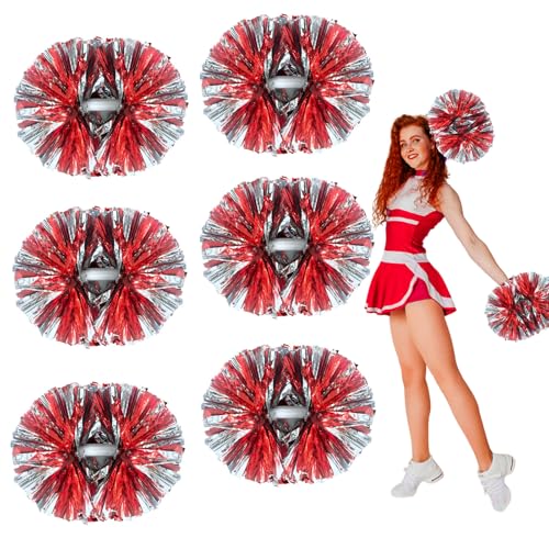 Zankubom 6 Pcs Silver Red Metallic Cheerleading Pom Poms, 12Inch Cheerleader Pompoms with Baton Handle for Kids Adults School Team Sports Games Dance Cheering - Image 1
