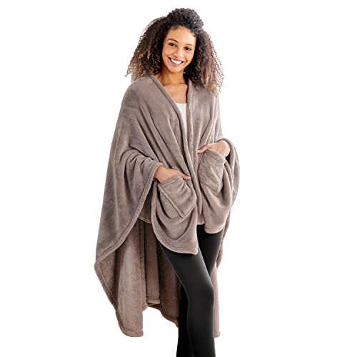 Berkshire Blanket Primalush Wearable Blanket Cozy Loungewear Pocketed Plush Cape Wrap for Adults TeensBrown One Size 58X64 - Image 1