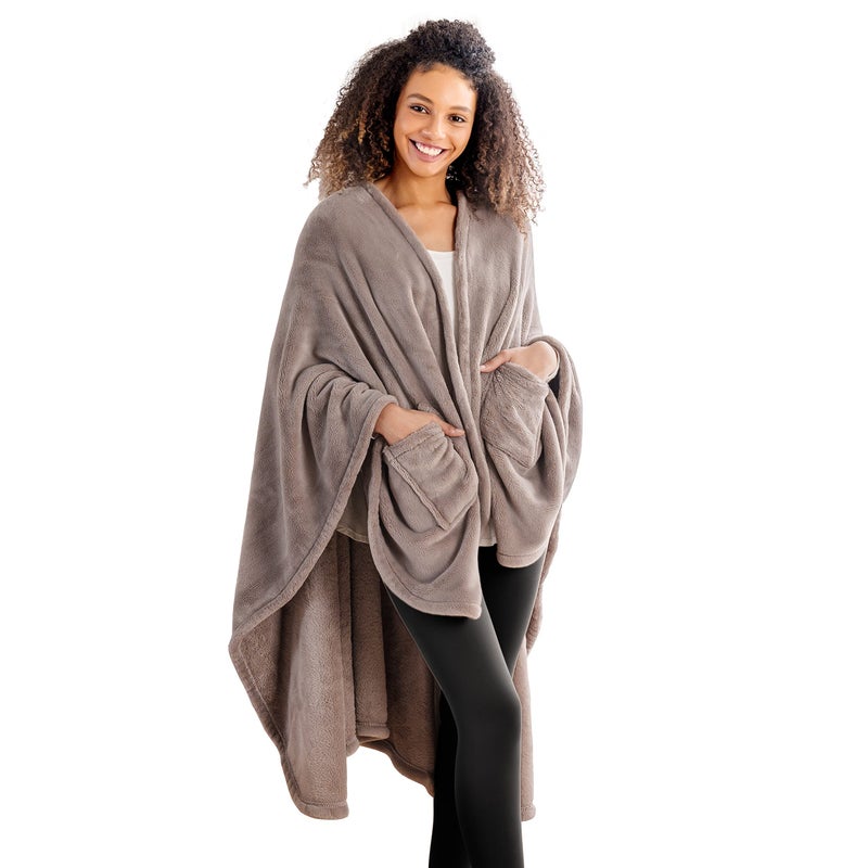 Berkshire Blanket Primalush Wearable Blanket Cozy Loungewear Pocketed Plush Cape Wrap for Adults TeensBrown One Size 58X64 - Image 2
