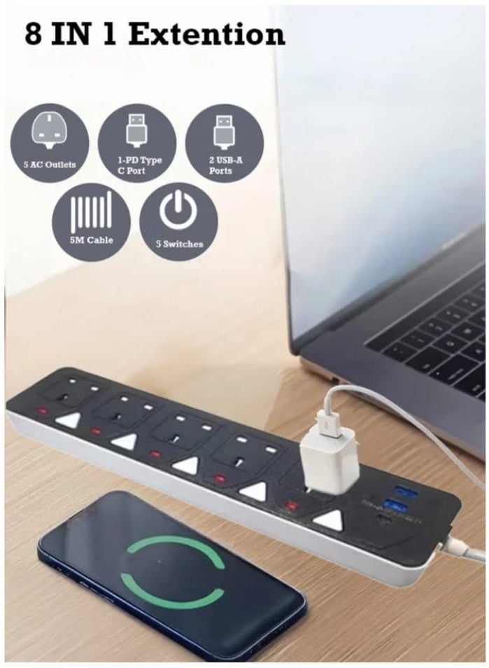 توصيلة كهربائية متعددة المخارج 5 مفاتيح مستقلة، 5 مقابس و3 منافذ USB من بينها Type-C، قدرة 2500 واط وسلك بطول 5 متر – حماية أمان ومناسبة للأطفال  - Image 4
