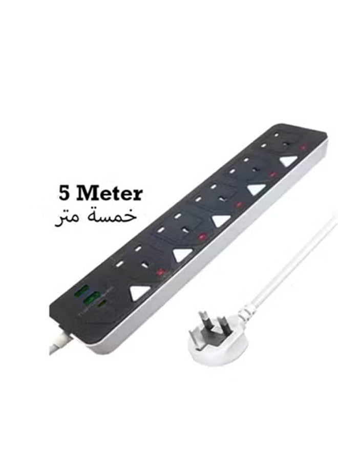 توصيلة كهربائية متعددة المخارج 5 مفاتيح مستقلة، 5 مقابس و3 منافذ USB من بينها Type-C، قدرة 2000 واط وسلك بطول 5 متر – حماية أمان ومناسبة للأطفال - Image 2