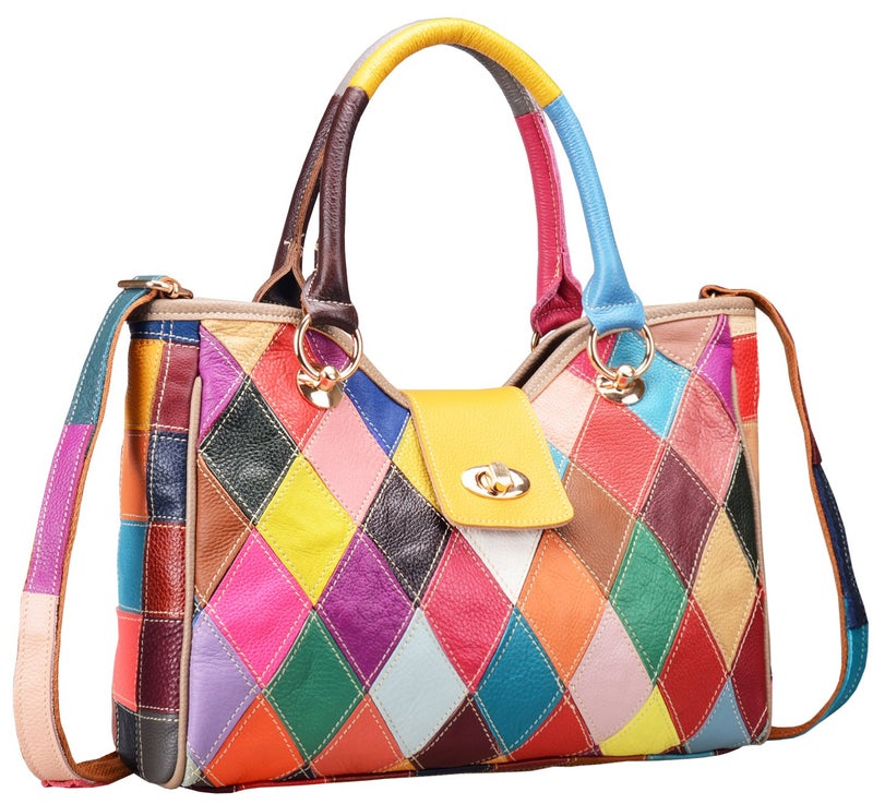 HESHE Genuine Leather Handbags Colorful Purses for Women Crossbody Bag Multi-color Tote Purse Designer Hobo Shoulder Bag(Colorful-2B4008) - Image 1