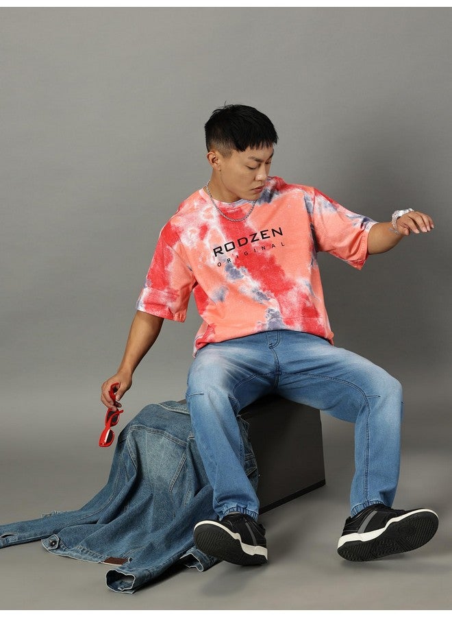 RODZEN RodZen Oversized Half Sleeves Cotton Round Neck Tie-Dye Printed T-Shirt for Men (Orange, 2XL) - Image 5