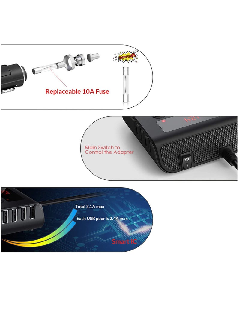 3 Socket Car Cigarette Lighter Adapter, 12V/24V 100W Car Cigarette Lighter Splitter 3.1A 4 USB Port Car Charger with Separate Switch and LED Voltage Display for Mobile Phone - Image 4