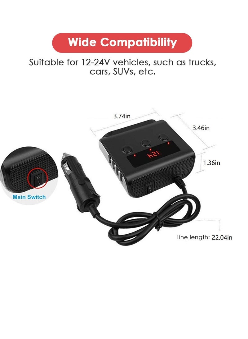3 Socket Car Cigarette Lighter Adapter, 12V/24V 100W Car Cigarette Lighter Splitter 3.1A 4 USB Port Car Charger with Separate Switch and LED Voltage Display for Mobile Phone - Image 3