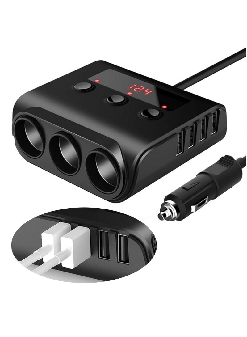 3 Socket Car Cigarette Lighter Adapter, 12V/24V 100W Car Cigarette Lighter Splitter 3.1A 4 USB Port Car Charger with Separate Switch and LED Voltage Display for Mobile Phone - Image 1
