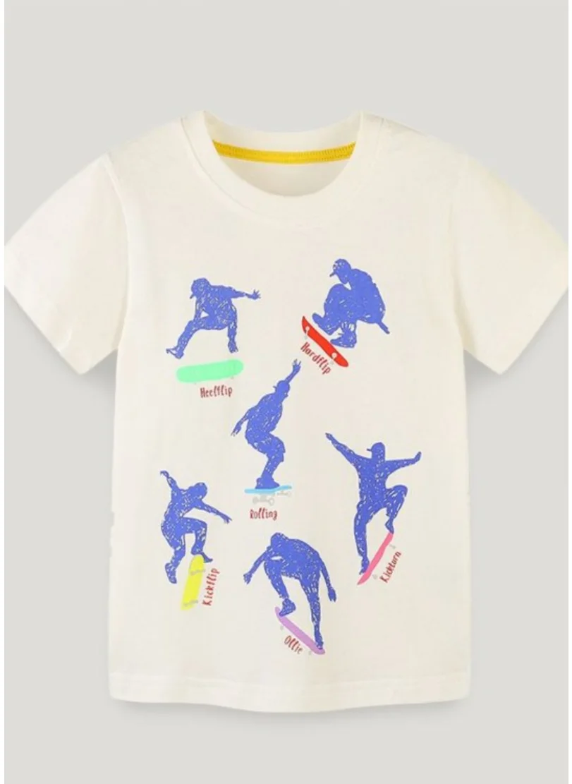 يونيكي Off White Printed Solid Round Neck Cotton T-shirt