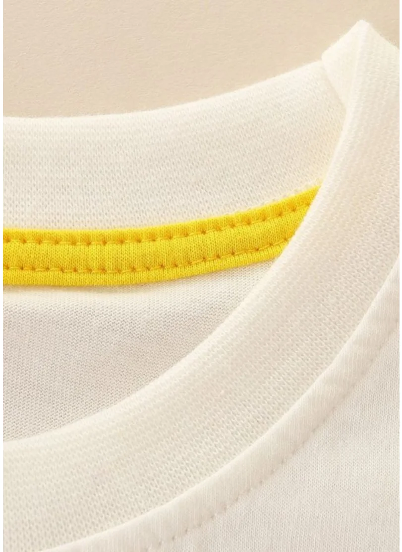 يونيكي Off White Printed Solid Round Neck Cotton T-shirt