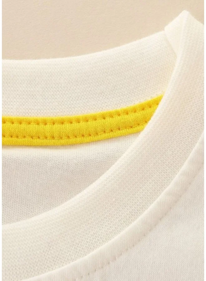 يونيكي Off White Printed Solid Round Neck Cotton T-shirt