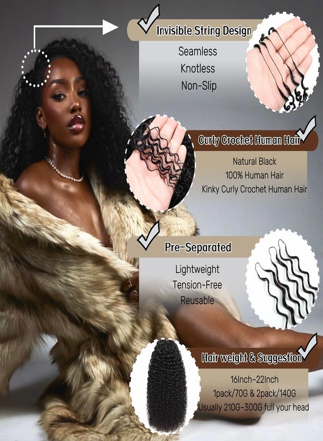 HLSK Kinky Curly Crochet Human Hair Knotless Pre-Separated Feather Human Crochet Hair Lightweight Reusable Remy Hair Extensions for Women Natural Black Color (Natural Black, 16 Inch(70g)) - Image 4