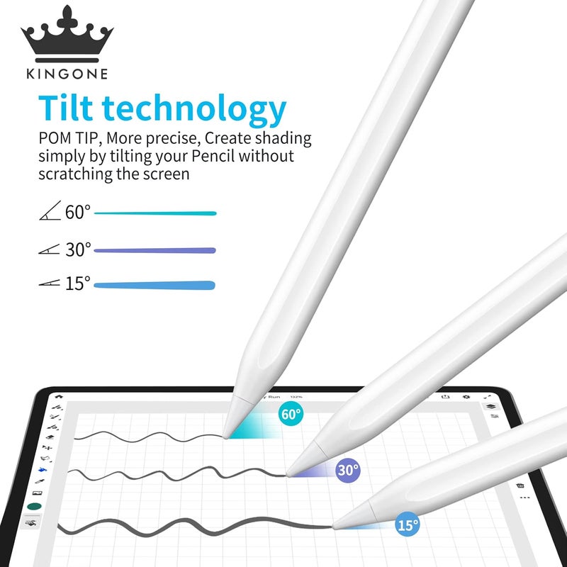 Kingone Upgraded Stylus Pen, iPad Pencil, Ultra High Precision&Sensitivity, Palm Rejection, Prevents False ON/Off Touch, Power Display, Tilt Sensitivity, Magnetic Adsorption for iPad 2018&Later, White - Image 5
