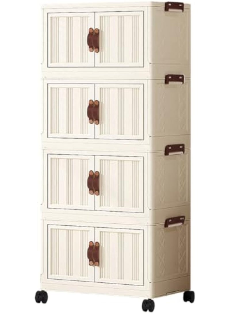 آسي بلاي خزانة تخزين قابلة للطي بـ 4 طبقات بأبواب بلون كريمي وإغلاق مغناطيسي – منظم قابل للتكديس بعجلات – رفوف موفرة للمساحة وأنيقة لغرفة النوم أو المعيشة أو السكن – لتخزين الملابس والألعاب والكتب والمزيد - Image 1