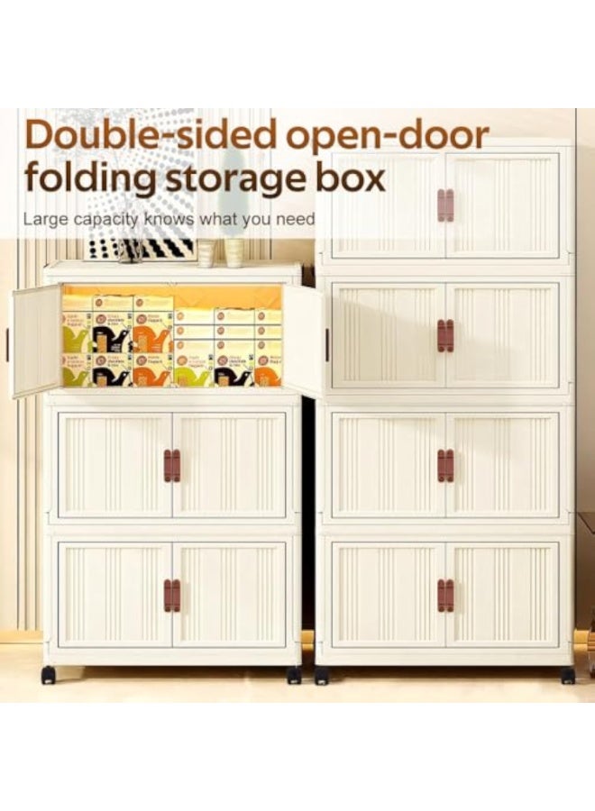 آسي بلاي خزانة تخزين قابلة للطي بـ 4 طبقات بأبواب بلون كريمي وإغلاق مغناطيسي – منظم قابل للتكديس بعجلات – رفوف موفرة للمساحة وأنيقة لغرفة النوم أو المعيشة أو السكن – لتخزين الملابس والألعاب والكتب والمزيد - Image 3