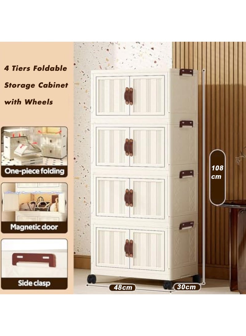 آسي بلاي خزانة تخزين قابلة للطي بـ 4 طبقات بأبواب بلون كريمي وإغلاق مغناطيسي – منظم قابل للتكديس بعجلات – رفوف موفرة للمساحة وأنيقة لغرفة النوم أو المعيشة أو السكن – لتخزين الملابس والألعاب والكتب والمزيد - Image 2