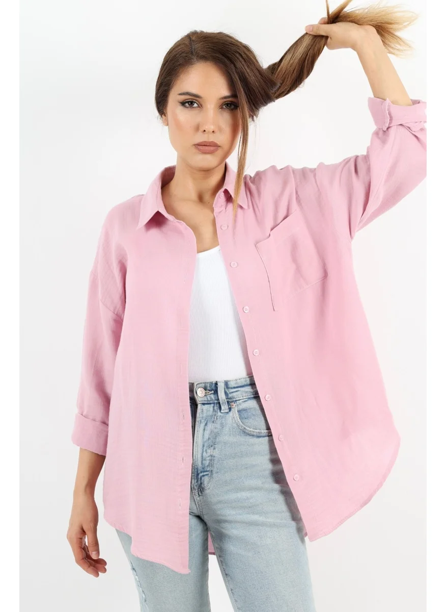 Ritnice Women's Soft Muslin Fabric Long Powder Oversize Shirt