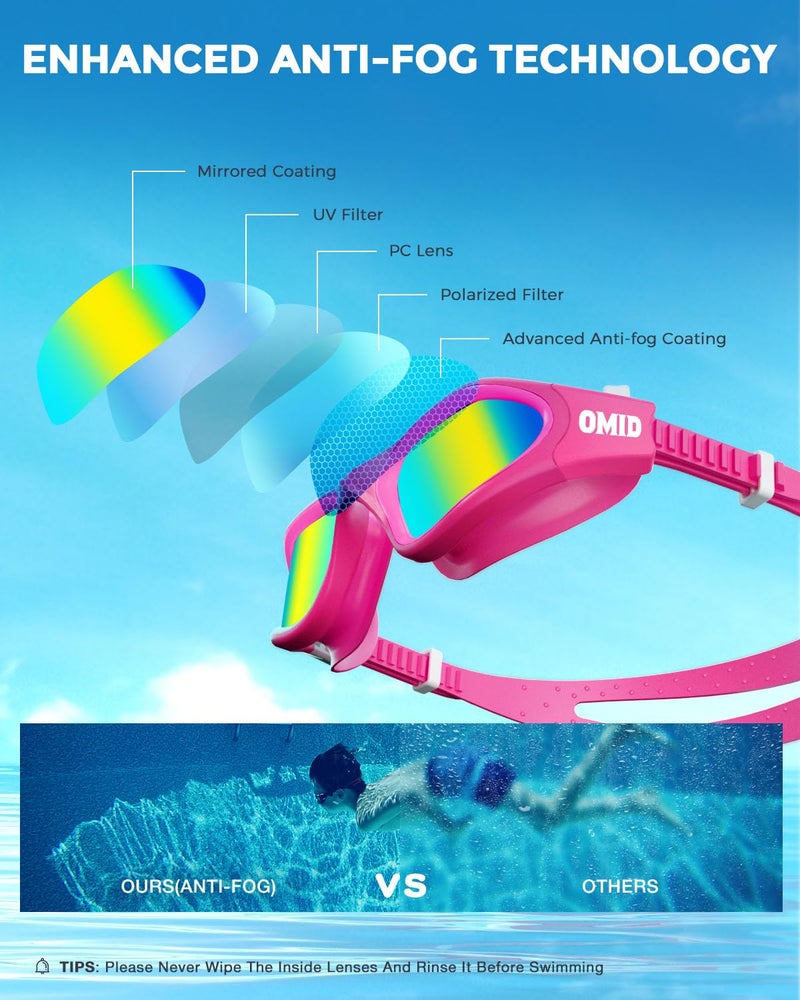 OMID Kids Swim Goggles, P2mini Polarized Swimming Goggles Comfortable for Age 6-14 - Image 2