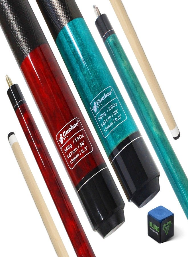 CUEBAR Pool Cues Set of 2, 58" 2-Piece Pool Sticks for Adults, 3D Grip House Bar Billiard Cue Sticks with 13mm Tip for Men Women - Teal + Red - Image 1