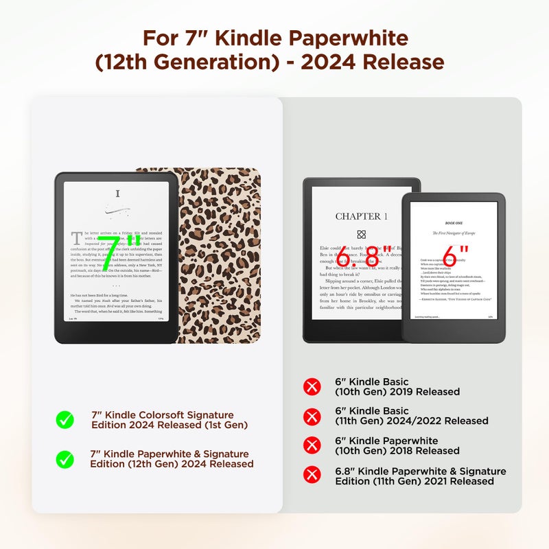 SESENSE Detachable Magnetic Case for 7'' Kindle Paperwhite 12th Gen 2024 and Kindle Colorsoft Signature Edition, Slim PU Shell Cover Case with Auto Wake/Sleep, Leopard - Image 2