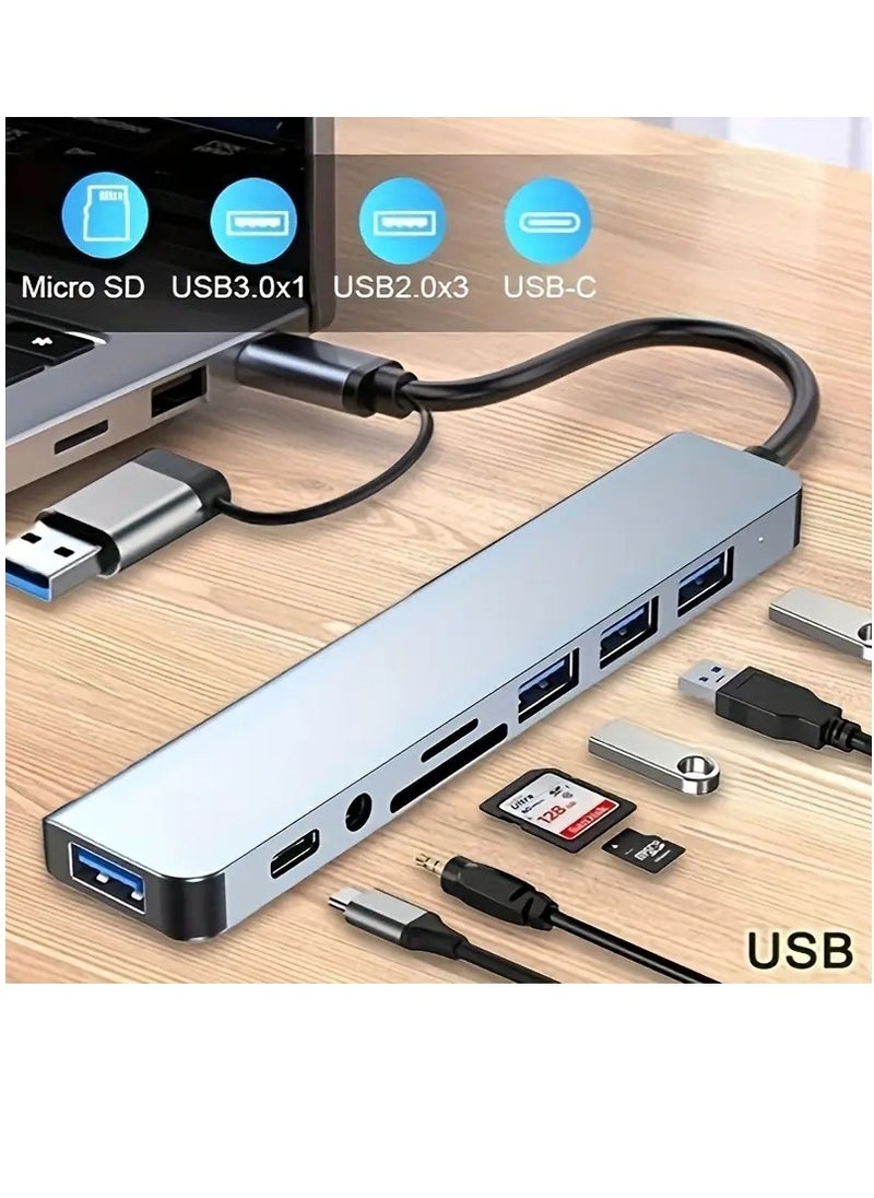 PAMEER USB Hub USB C Hub 8-in-1 USB Hub with Audio Jack, USB Flash Drive 8-in-1 USB Extender with 4 USB Ports 1 USB C Port TF/SD Card Reader Audio Output Compatible with Book/Pad Pro/Dell/HP Laptops/Phones  - Image 1