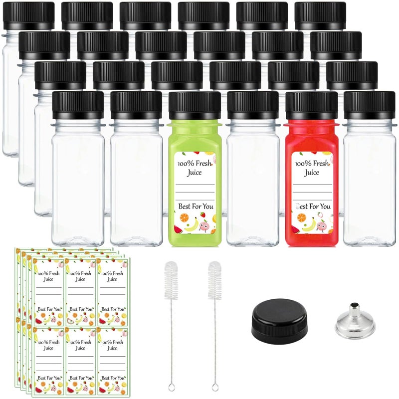 NovaHF 24 Pack 2Oz Clear Plastic Juice Bottles with Lids, Labels & Funnel - Ideal for On-the-Go Drinks Sports & Outdoor Activities - Image 1