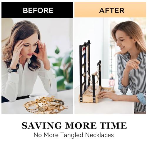 DreamGenius Jewelry Organizer Stand with 2 Velvet Ring Holder Drawers, 5 Tier Jewelry Holder Organizer with 11 Hooks for Necklaces and 145 Holes for Earrings, Black - Image 3