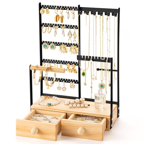 DreamGenius Jewelry Organizer Stand with 2 Velvet Ring Holder Drawers, 5 Tier Jewelry Holder Organizer with 11 Hooks for Necklaces and 145 Holes for Earrings, Black - Image 1