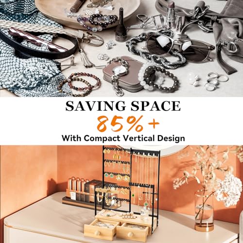 DreamGenius Jewelry Organizer Stand with 2 Velvet Ring Holder Drawers, 5 Tier Jewelry Holder Organizer with 11 Hooks for Necklaces and 145 Holes for Earrings, Black - Image 2