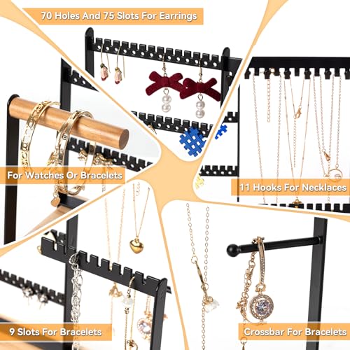 DreamGenius Jewelry Organizer Stand with 2 Velvet Ring Holder Drawers, 5 Tier Jewelry Holder Organizer with 11 Hooks for Necklaces and 145 Holes for Earrings, Black - Image 5
