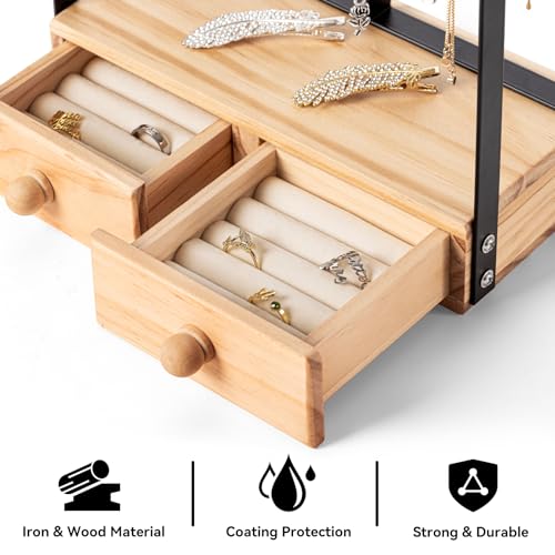 DreamGenius Jewelry Organizer Stand with 2 Velvet Ring Holder Drawers, 5 Tier Jewelry Holder Organizer with 11 Hooks for Necklaces and 145 Holes for Earrings, Black - Image 4